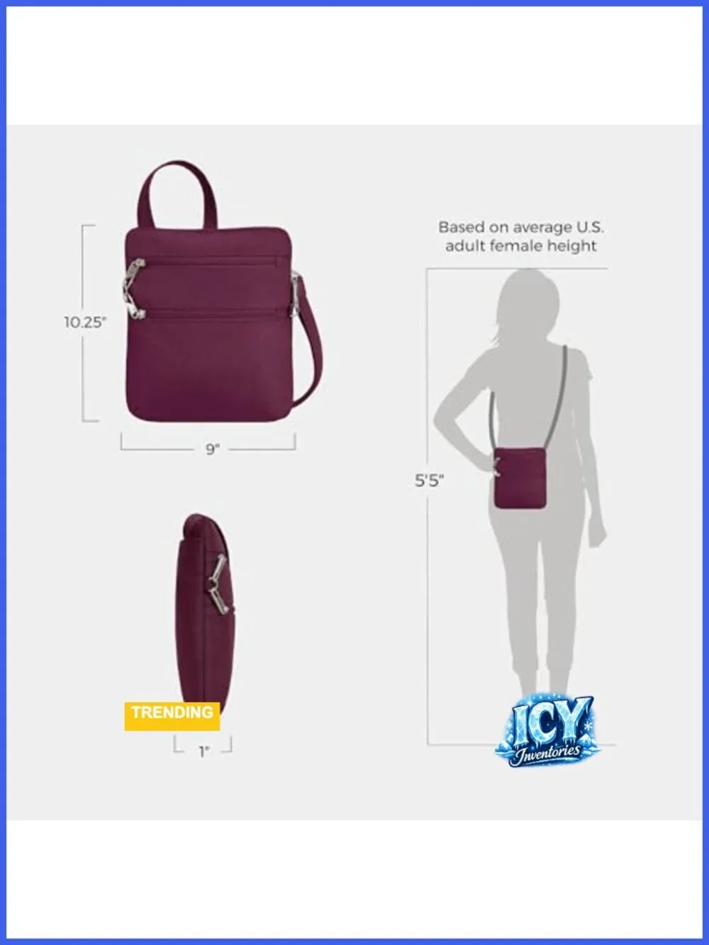 Travelon Anti-theft Classic Slim Double Zip Crossbody Bag RFID Blocking Slash